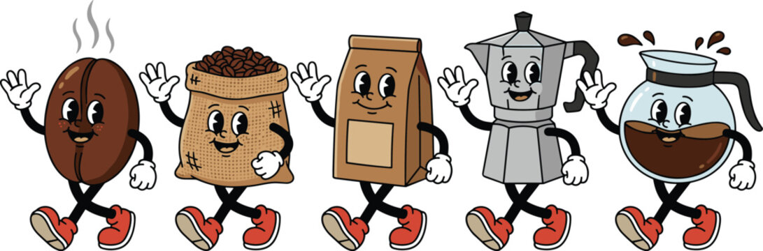 Retro cartoon coffee brewing mascot character set with walking bean bag moka pot and carafe