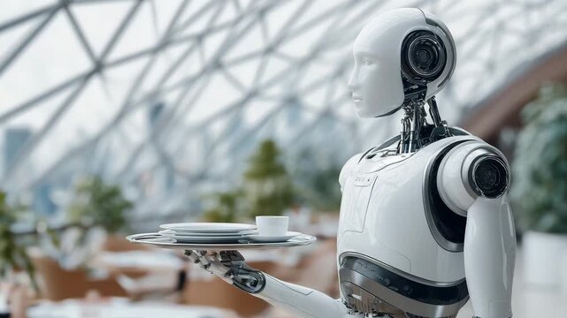 A robot serves plates and cups in a restaurant with glass walls and plants during daytime