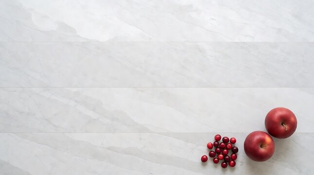 Flat lay of red apples and cranberries on white textured background