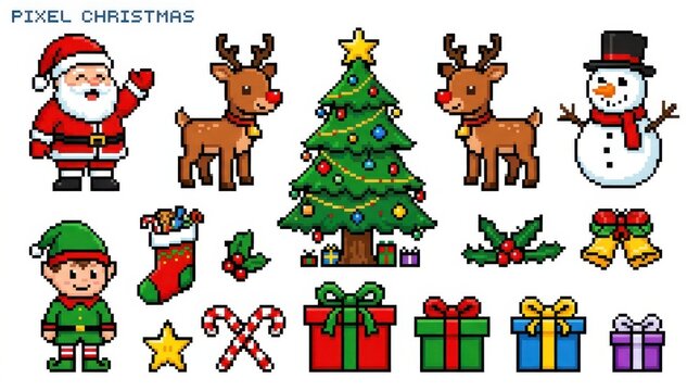 Pixel art Christmas icons set. Cute holiday characters and festive decorations collection.