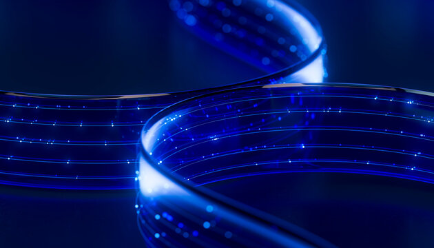 3D electric ribbon motion with blue strands and glowing dots.