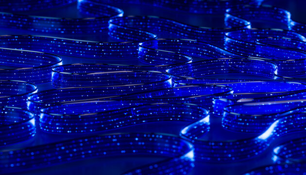 3D network ribbon field with repeating loops and blue light.