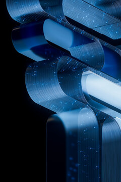 3D flowing fiber structure with stacked loops and light trails.