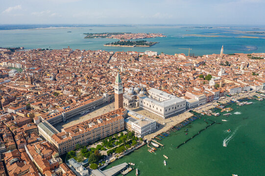 Italy, Veneto, Venice, Aerial view of Piazza San Marco with Doges Palace and Saint Marks Campanile