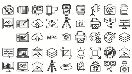 Fototapeta premium Comprehensive photography and multimedia equipment outline line icons.