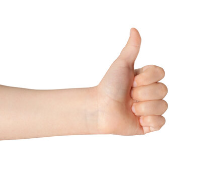 Child's hand showing a sign class close-up on white background