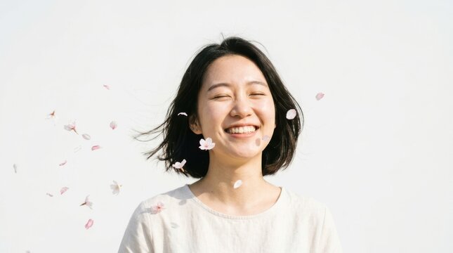 Happy Asian woman with falling cherry blossoms. Smiling girl enjoying spring flower petals.