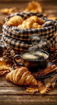 Cozy Autumn Coffee and Croissants &ndash; AI Generative