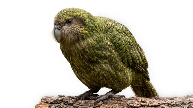 Three-quarter angle Kakapo displaying body depth and feather volume, photorealistic lighting, transparent background