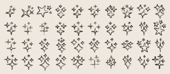Set Of Linear Brushstroke Hand Drawn Star Sparkle Signs. Collection Of Sparkling Shine Boho Style Shapes. © t1m0n344