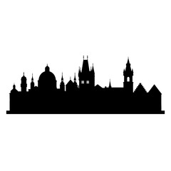 Fototapeta premium A detailed silhouette of the historic skyline of Prague, featuring iconic architectural landmarks, domes, church steeples, and towers against a plain white background.