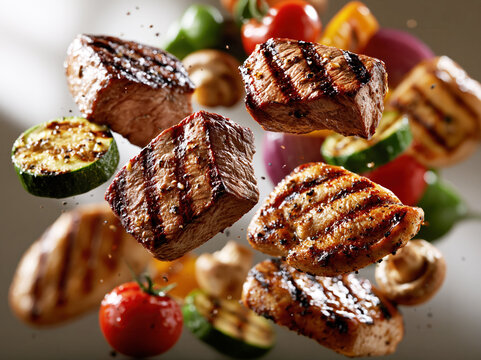 Floating Grilled Meat and Vegetables in Motion &ndash; AI Generative