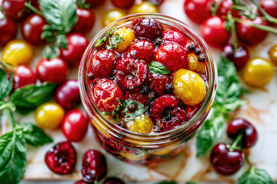Marinated Cherry Tomatoes with Cherries and Fresh Basil in Glass Jar &ndash; AI Generative