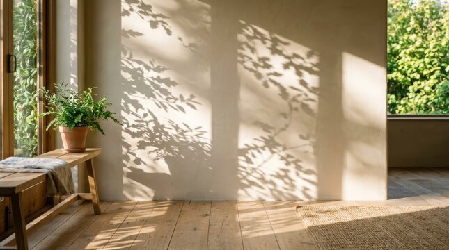 Sunlight shadows on a beige wall. Natural leaf light patterns in a minimalist room.