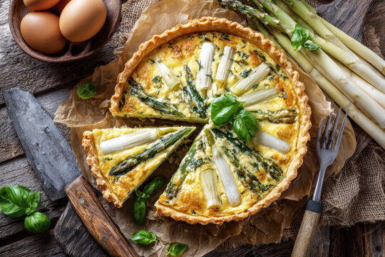 Asparagus Tart with Creamy Filling and Fresh Herbs. AI generative.