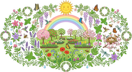 Obraz premium Rainbow arches over a vibrant garden scene with a smiling sun, flowering trees, and a variety of insects and birds in a decorative oval frame.
