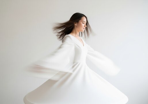 Graceful Woman In White Dress Spinning In Motion With Motion Blur Effect Background