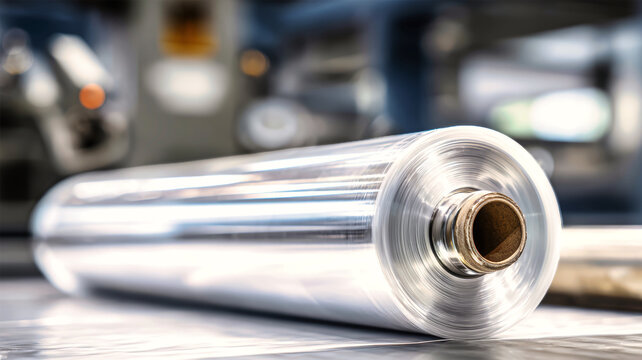 Clear film roll used in packaging process at a manufacturing fac