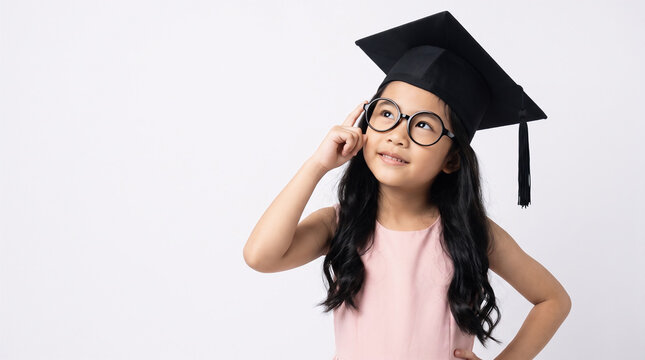 Happy Asian school kid graduate thinking with graduation cap.