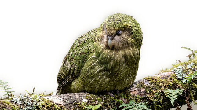 Peaceful Kakapo in a resting pose, head tucked slightly, eyes closed, rounded body shape emphasized