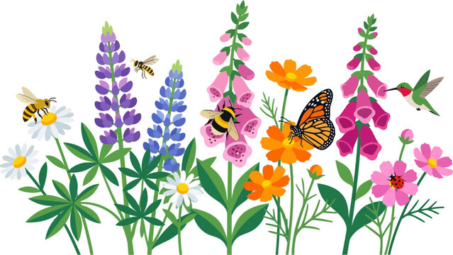 Wildflowers bloom in a colorful meadow while bees and a hummingbird interact with the vibrant blossoms.