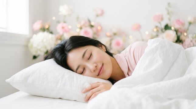 Young woman sleeping in bed. Peaceful girl resting on soft pillow in bright bedroom.