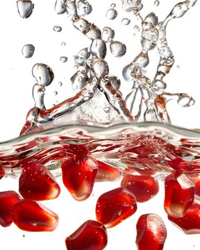 pomegranate arils falling into water isolated on white background