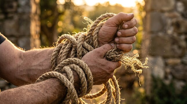 Close-up of a person's hands tightly bound with thick rope, symbolizing captivity, struggle, or restriction, with a warm outdoor background.