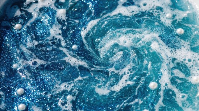 Swirling blue water vortex with foam. Abstract liquid background with bubbles and motion.