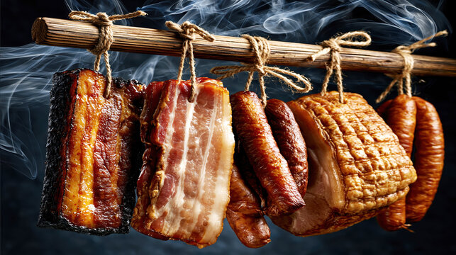 Traditional Smoked Meats Hanging in Rustic Smokehouse &ndash; AI Generative