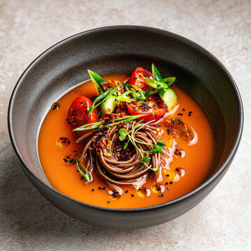 Cold Tomato and Kimchi Soba Noodle Soup with Fresh Vegetables &ndash; AI Generative