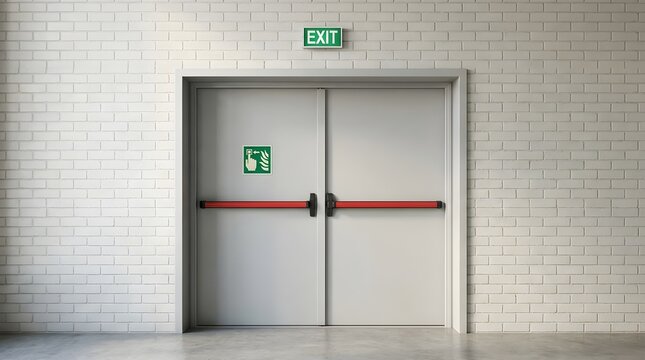 Modern Emergency Exit Doors with Clear Safety Signs on White Brick Wall