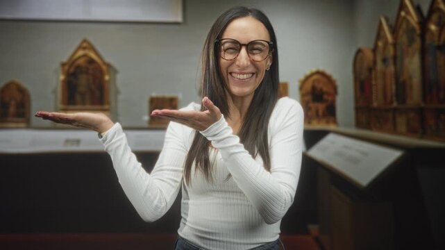 Young woman smiling and holding palms up, wearing glasses and white ribbed top while presenting empty hands in a museum gallery; joy curiosity.