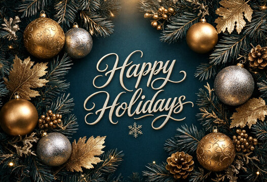 Festive happy holidays greeting card with golden ornaments and pine branches arrangement
