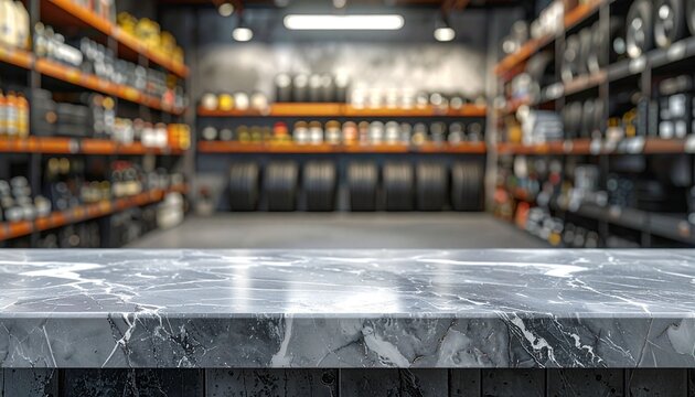 An empty gray marble counter, with a blurred backdrop of tire shop shelves.
