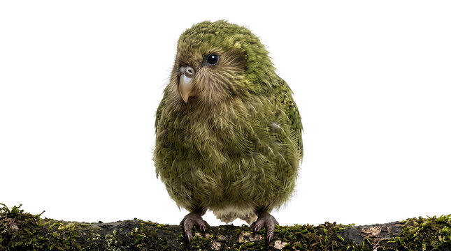 Young Kakapo chick standing with fluffy green feathers, adorable realistic proportions, isolated on transparent background
