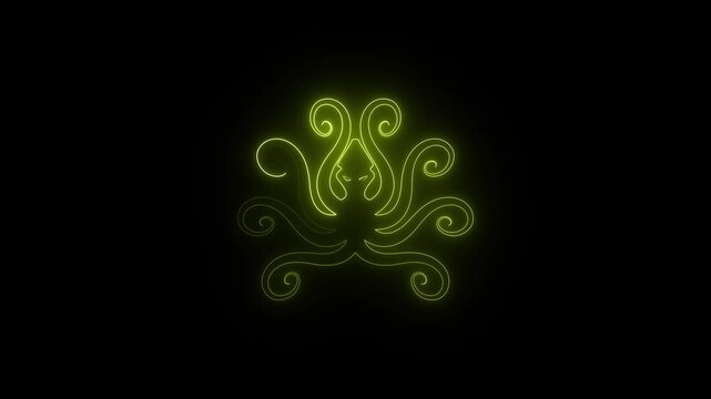 Glowing yellow neon octopus silhouette on black background