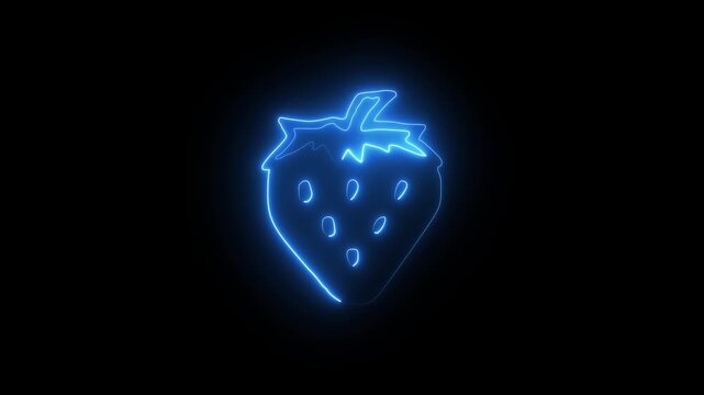 Glowing blue neon strawberry icon on a black background