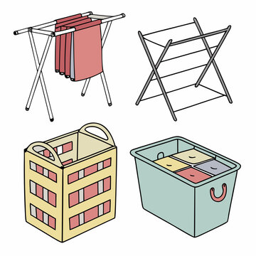Four laundry baskets two with clothes two empty one with a building illustration one with a divided interior laundry day clothes hamper clothes basket clothes storage household items