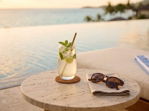 Refreshing summer cocktail on poolside table. Chilled citrus drink with sunglasses and book for vacation relaxation.