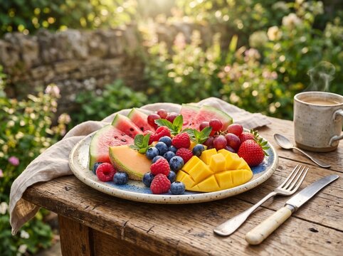 Fresh summer fruit platter served on rustic wooden table. Vibrant berries and citrus arranged for healthy outdoor dining.