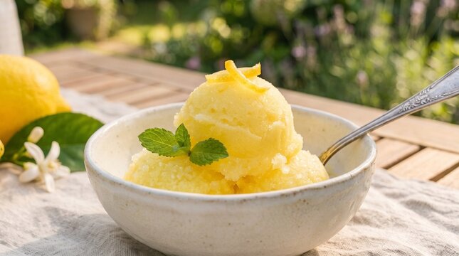 Lemon sorbet dessert in white bowl with mint garnish. Refreshing citrus frozen treat served outdoors on rustic wooden table.
