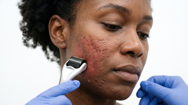 Dermaroller microneedling scarring therapy on dark female cheek