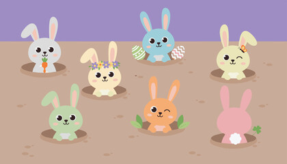 Obraz premium Cute Easter bunnies popping out of holes in the ground with decorated easter eggs and spring flowers on purple.