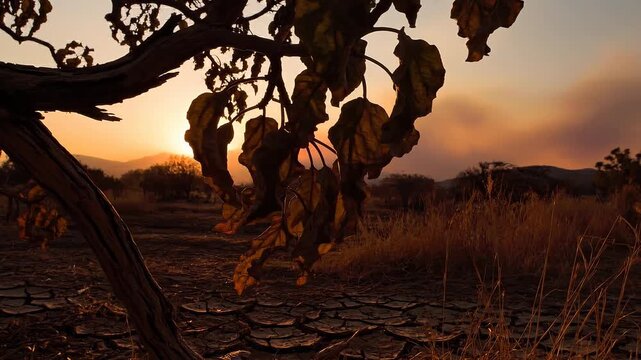 Sunset over dry cracked earth with withered tree and drought landscape in arid environment