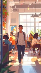 Obraz premium Young Man with Backpack Entering a Bright and Modern Coworking Space with Professionals Working in the Background
