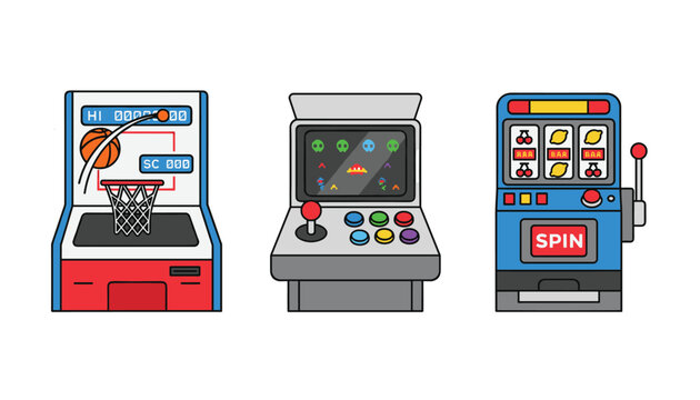 Retro arcade game machines set including basketball shootout, classic video game cabinet, and colorful slot machine.