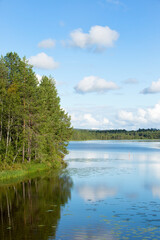 Fototapeta premium Beautiful sunny landscape by the lake in Finland. Clear water with blue and cloudy sky.
