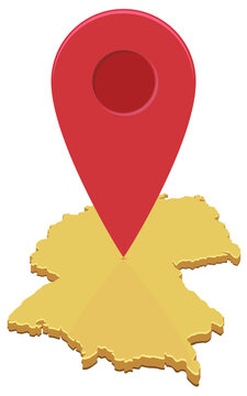 3D isometric yellow map of Germany with a large red map pin marker symbolizing strategic location, regional positioning, destination, and European geopolitics. (cut out)