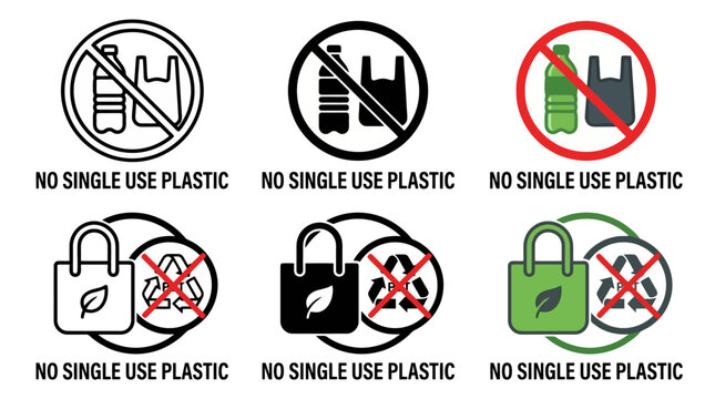 Collection of no single use plastic icons for eco awareness